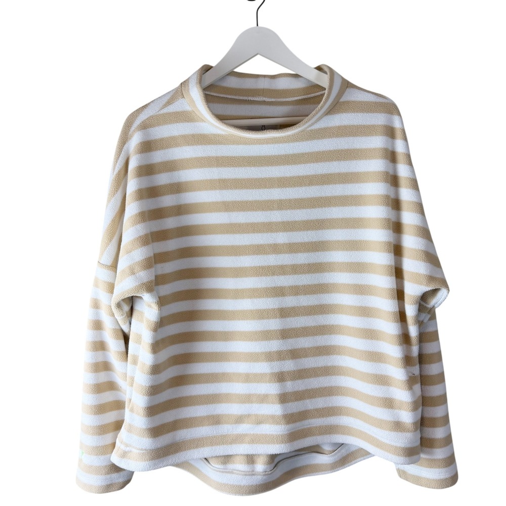 Dudley Stephens Tan White Striped Fleece Funnel Neck Pullover Top Large